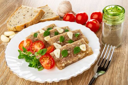 Slices of bread, few of tomato cherry, white plate with pieces of meat jelly, slices of garlic,...