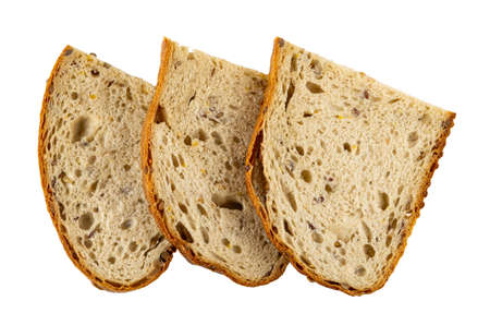 Three slices of bread with cereals isolated on white background. Top view