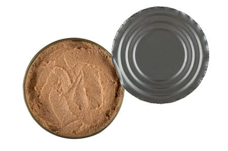 Opened metallic jar with liver pate isolated on white background. Top view