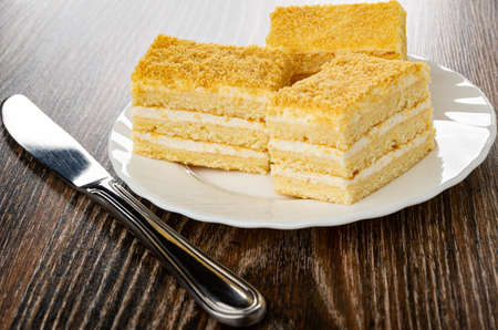 Few pieces of cottage cheese and yogurt cake with shortcrust crumbs in white plate, table knife on...