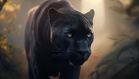 Panther portrait in early morning haze and foggy forest. 3d renderの素材