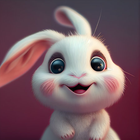 Cute furry white rabbit on a pink background. 3d render.の素材