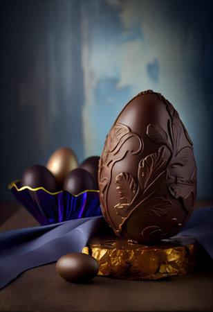 Chocolate easter eggs on a wooden table with blue napkinの素材