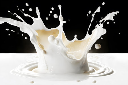 splashing milk isolated on black background. High resolution illustration. Full depth of fieldの素材