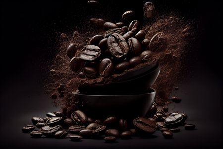 Coffee beans and ground powder on black background with copy spaceの素材