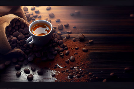 Coffee cup and coffee beans on wooden table. Coffee background, advertising shot, cinematic lightの素材