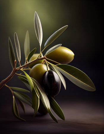 Olive branch with olives and leaves on a dark background. advertising shotの素材