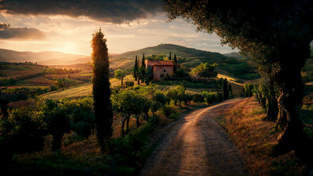 Sunset in Tuscany, Italy. old farm and cypress on hill, landscape Panoramic image. Val d'Orcia styleの素材