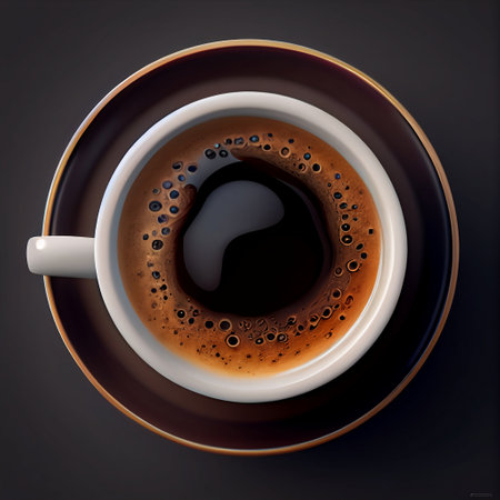 Cup of coffee on black background. Top view. 3d renderの素材