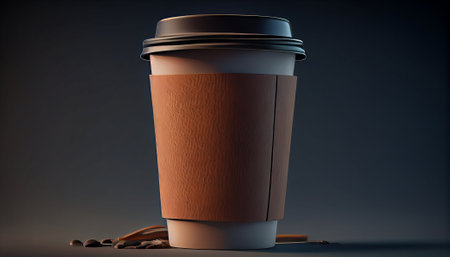 Coffee to go on a dark background. 3d render, blank paper label. mock upの素材