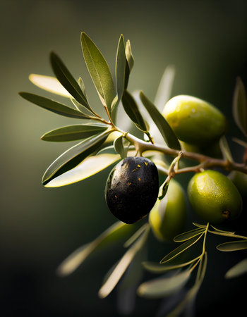 olive branch with green olives and olive oil on dark background, advertising shotの素材