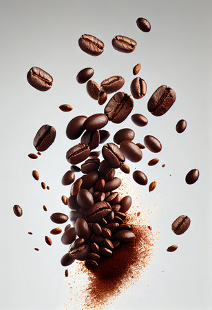 flying Coffee beans splashing out of a cup on white backgroundの素材