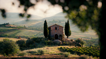 Tuscany landscape with old chapel with cypress in Tuscany, Italyの素材