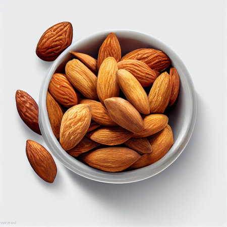 Almond nuts in bowl isolated on white background. Top view.の素材