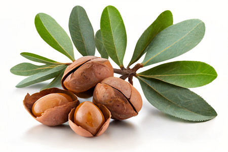 Macadamia nuts with leaves on a white background. Isolatedの素材