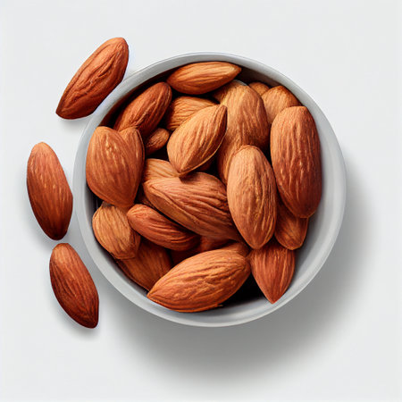 Almond nuts in bowl isolated on white background. Top view.の素材
