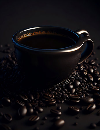 coffee cup and coffee beans on a black background, close upの素材