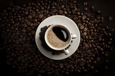 Coffee cup and coffee beans on dark background. Top view.の素材