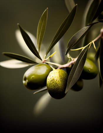 Olive branch with green olives on dark background. Shallow depth of field. advertising shotの素材