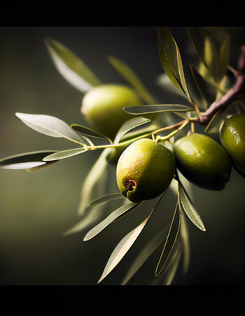 Green olives on olive tree branch with leaves. Olive oil production. kinematic lightの素材