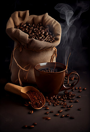 Coffee beans in bag and hot cup of coffee on dark backgroundの素材