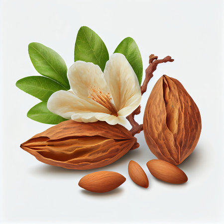 Almond nuts with leaves and flower isolated on white background. illustration.の素材