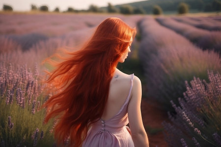 Beautiful girl with long red hair on lavender field at sunsetの素材