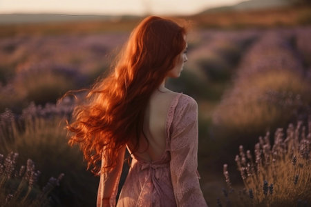 Beautiful redhead girl walking in lavender field at sunset. Girl with long hairの素材
