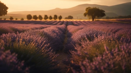 romantic and peaceful Lavender field at sunset in Provence, France.の素材