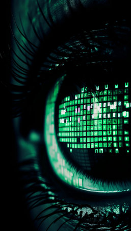 Close-up of human eye with binary code in the pupil. Technology concept. matrix styleの素材