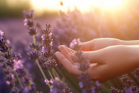 Beautiful lavender flowers in the hand of a girl at sunset, in a lavender field of Provenceの素材