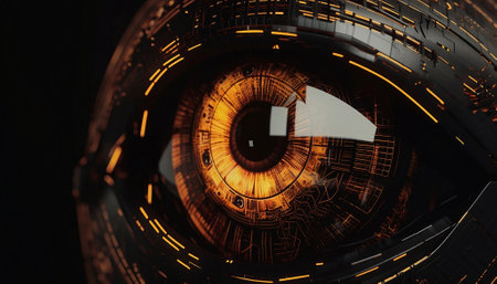 3d rendering of a robotic eye in space. Digital image of a human eye in space. black and goldの素材