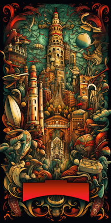 Cartoon hand-drawn doodles illustration of barcelona. Colorful detailed, with lots of objects and chaotic backgroundの素材