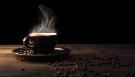 Coffee cup and coffee beans on a wooden table in the darkの素材