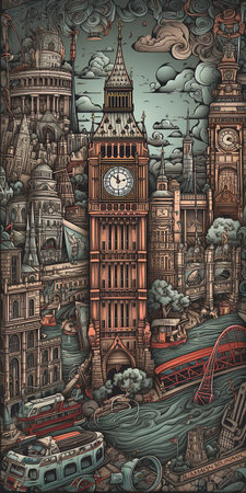 London, United Kingdom. Big Ben, London Bridge, Tower of London. Hand drawn illustration.の素材