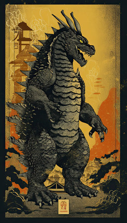 Kaiju Dragon on the background of the ancient city. Illustration in japan old style.の素材