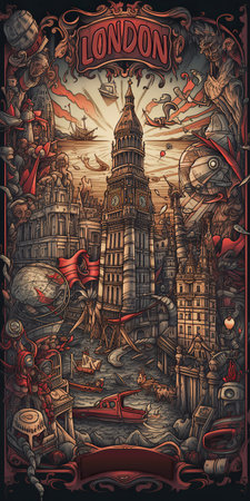 London travel poster with famous landmarks. Hand drawn chaotic illustration in vintage styleの素材