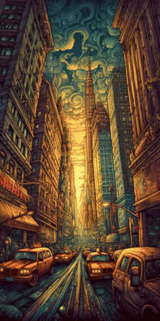 new york city street with cars, cabs and skyscrapers illustration painting. sunset in manhattan, manhattanhengeの素材