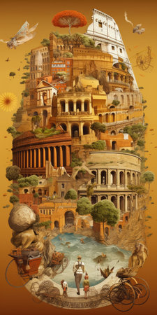 Vintage travel collage poster with ancient roman city and monuments, Rome, Italyの素材