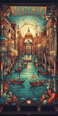 Venice, Italy, Europe. Gondolas on the canal, illustration.の素材