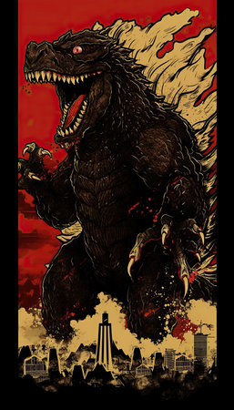 Giant kaiju monster on a grunge background. Illustration, japan styleの素材
