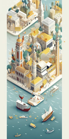 Top view of the island of Venice, Italy. Poster art illustration.の素材
