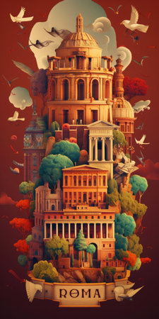 collage Illustration of the famous landmarks of Rome, Italy in retro style, city posterの素材