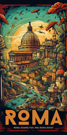 Rome Italy travel poster with ancient cityscape. illustration. latin quotesの素材