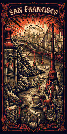 Stock illustration. city poster of the Golden Gate Bridge in San Francisco, cityscape and the bay area, dark moodの素材