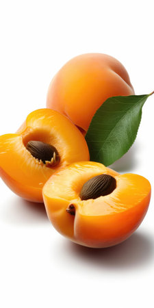 Composition of Fresh apricots with leaves on a white background close-upの素材