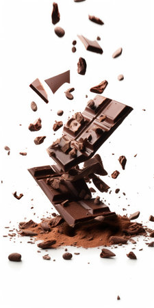 Broken chocolate bar and cocoa powder isolated on a white background.の素材