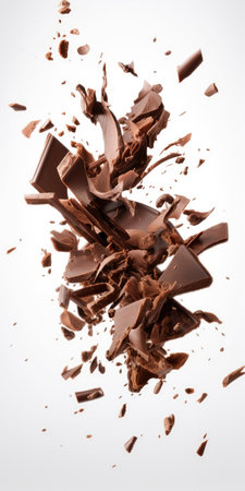 Chocolate splashes and pieces isolated on white background. front view.の素材