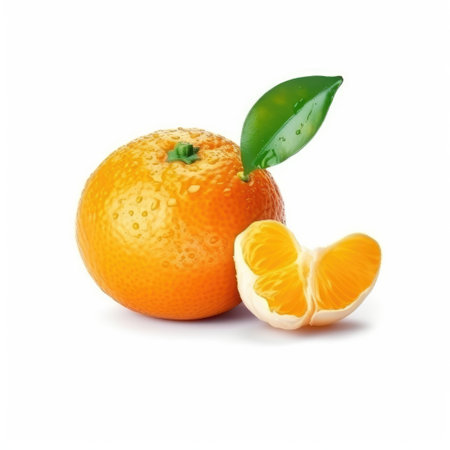 Ripe tangerines with green leaf and one clove with leaves isolated on a white background.の素材