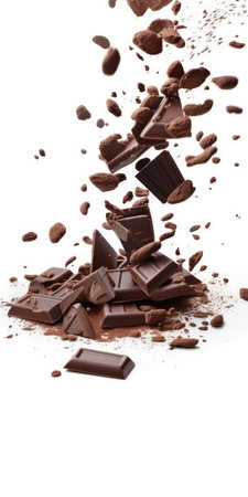 Broken chocolate pieces falling isolated on white background. Chocolate splashes.の素材